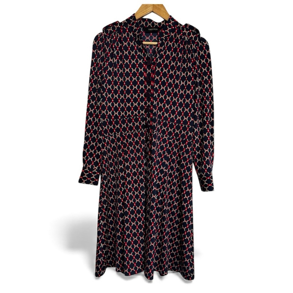 Valencia Dark Academia Retro Midi Dress Navy Red Geometric Chain Print